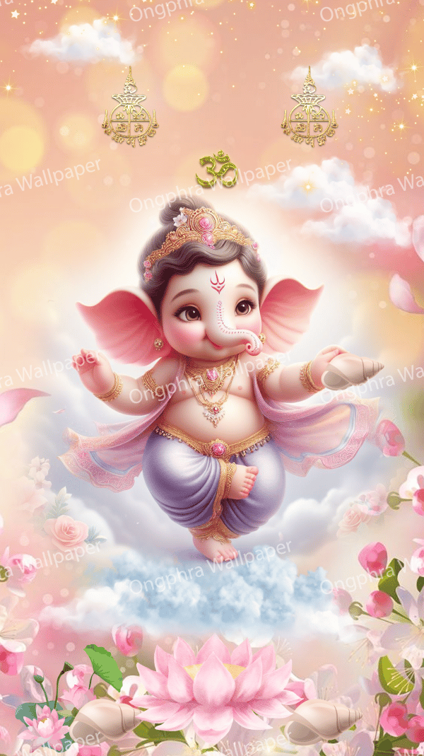အောင်မြင်မှုနတ်ဘုရား "Little Ganesha" ၏ နူးညံ့သိမ်မွေ့သော၊ ချစ်စရာကောင်းသော နှင့် ပျော်ရွှင်ဖွယ်ကောင်းသော ဗားရှင်းဖြင့် ပုံဖော်ထားသော ကောင်းချီးမင်္ဂလာပုံရိပ်။