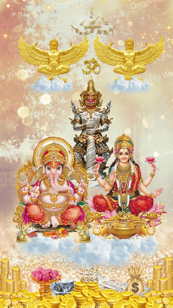 ချမ်းသာကြွယ်ဝမှုတံခါးကို ဖွင့်လှစ်ပေးသည့် နတ်ဘုရားကြီးလေးပါး၏ပုံ- ငွေကြေးများ စဉ်ဆက်မပြတ်စီးဆင်းနေပုံ? ဂါနီရှ? လက်ရှမီး? ဂဠုန်? သောင်ဝှစ်သုဝဏ္ဏ?