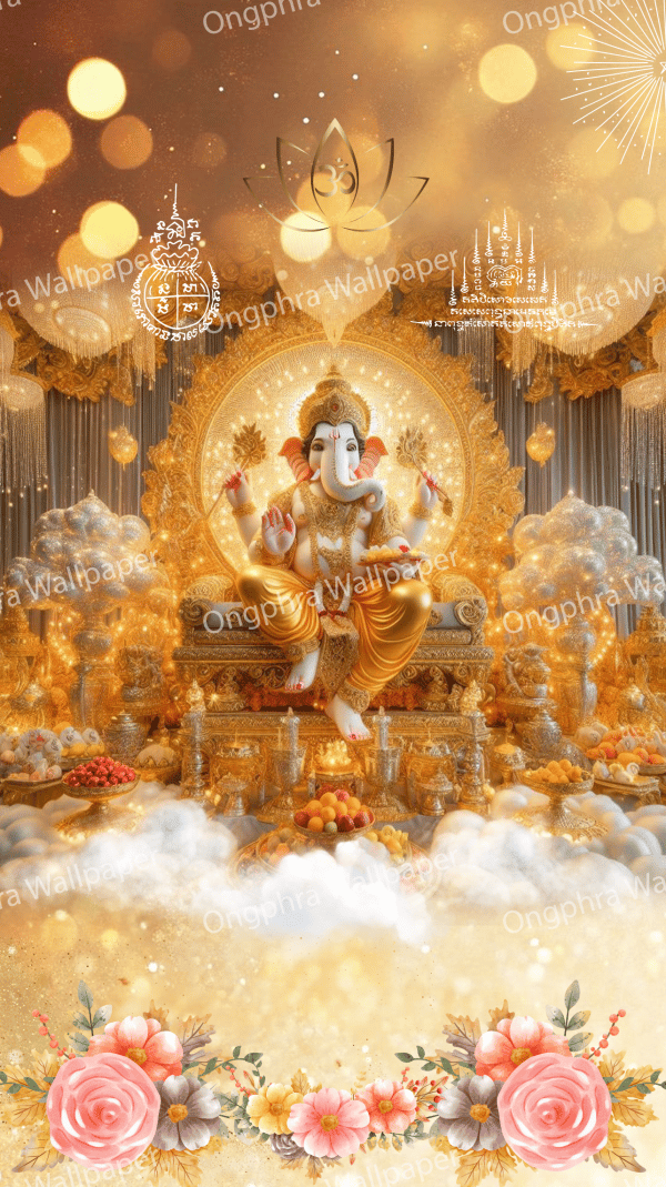 ချမ်းသာကြွယ်ဝမှုလမ်းကြောင်းကို ဖွင့်လှစ်ပေးပြီး ငွေကြေးများ စဉ်ဆက်မပြတ်စီးဆင်းမှုကို သေချာစေသည့် ကြီးကျယ်သော ချမ်းသာကြွယ်ဝသည့် နတ်ဘုရားမ ဂဏေရှ၏ ကောင်းချီးမင်္ဂလာပုံရိပ်။