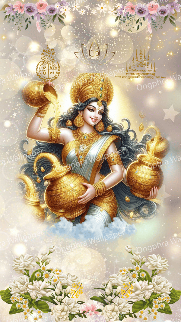 ကံကောင်းခြင်း၊ ချမ်းသာကြွယ်ဝခြင်းနှင့် ပေါများခြင်းတို့၏ နတ်ဘုရားမ လက်ရှမီ၏ ကောင်းချီးမင်္ဂလာပုံရိပ်။