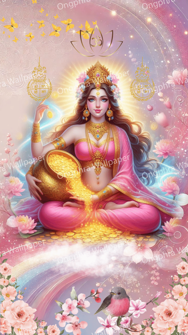 ငွေကြေး၊ ပေါကြွယ်ဝမှုနှင့် ကောင်းမွန်သော မေတ္တာတရားတို့ကို ပေးသနားတော်မူသော ချမ်းသာကြွယ်ဝမှုနှင့် ကံကြမ္မာ၏ နတ်ဘုရားမ လက်ရှမီ၏ ကောင်းချီးမင်္ဂလာရှိသော ပုံရိပ်။